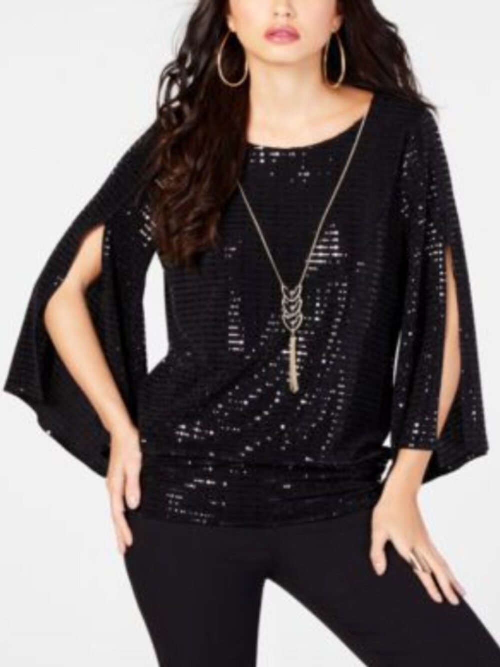 Thalia Sodi Black Sequin Ruched Knit Top 3/4 Sleeve Party Evening Blouse XL